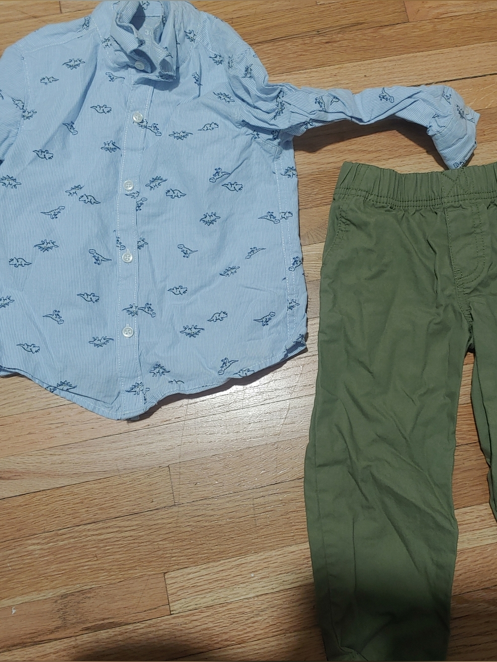Carter's Light Blue Button-Down Shirt with Navy Dino Print W/ Green Khakis / 3t